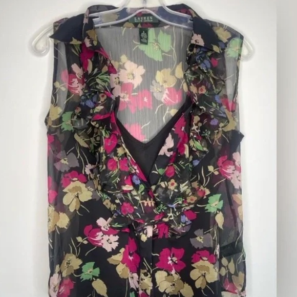 Stunning Ralph Lauren Sleeveless Ruffle Floral Chiffon Blouse I  Sz 6 - Picture 2 of 8